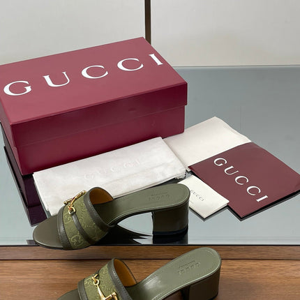 HIGH HEEL MULE 5.5 CM IN MOSS GREEN CALFSKIN MIX FABRIC AND GOLD HARDWARE