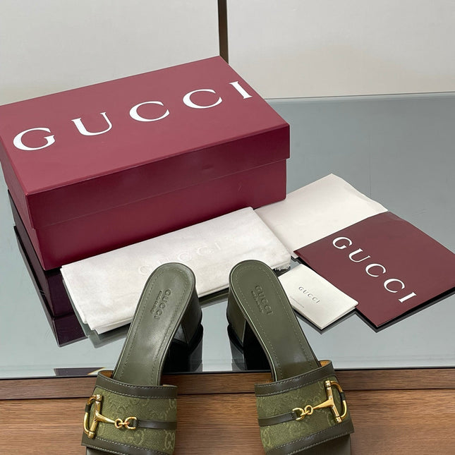 HIGH HEEL MULE 5.5 CM IN MOSS GREEN CALFSKIN MIX FABRIC AND GOLD HARDWARE