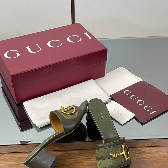 HIGH HEEL MULE 5.5 CM IN MOSS GREEN CALFSKIN MIX FABRIC AND GOLD HARDWARE