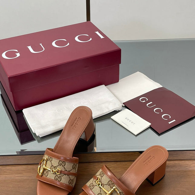 HIGH HEEL MULE 5.5 CM IN BROWN CALFSKIN MIX FABRIC AND GOLD HARDWARE