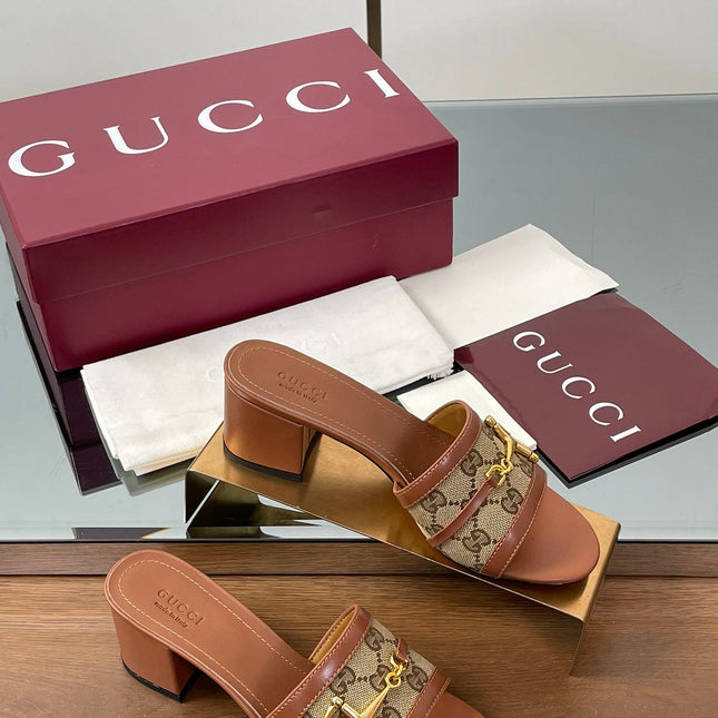 HIGH HEEL MULE 5.5 CM IN BROWN CALFSKIN MIX FABRIC AND GOLD HARDWARE