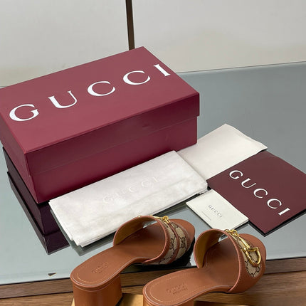 HIGH HEEL MULE 5.5 CM IN BROWN CALFSKIN MIX FABRIC AND GOLD HARDWARE