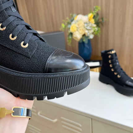 SHORT BOOTS IN BLACK TWEED AND CALFSKIN