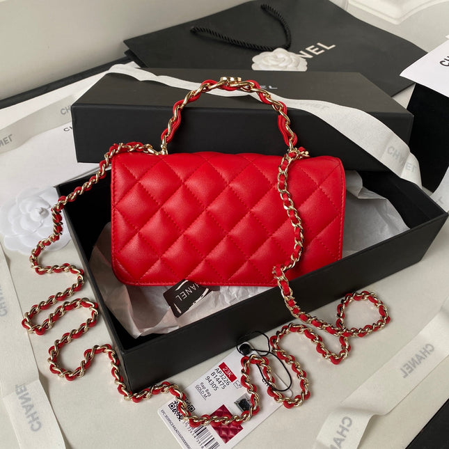 CC SMALL 17 FLAP BAG IN CHERRY RED CALFSKIN WITH STRAP