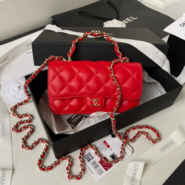 CC SMALL 17 FLAP BAG IN CHERRY RED CALFSKIN WITH STRAP