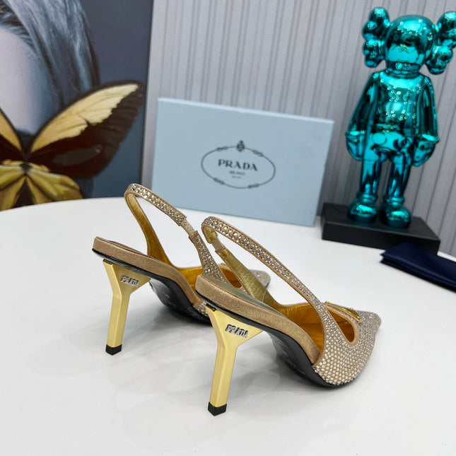 CRYSTAL SATIN HIGH-HEEL SLING BACK PUMPS GOLD