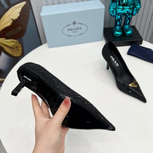 CRYSTAL HIGH-HEEL PUMPS IN BLACK SATIN WITH TRIANGLE LOGO