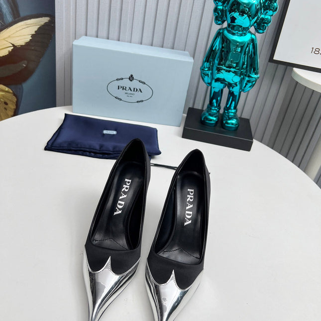 HIGH POINTED-TOE PUMPS IN BLACK MIX SILVER SATIN