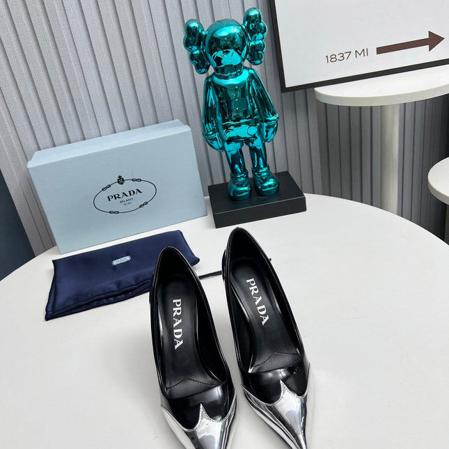 HIGH POINTED-TOE PUMPS IN SILVER MIX BLACK GLOSSY CALFSKIN