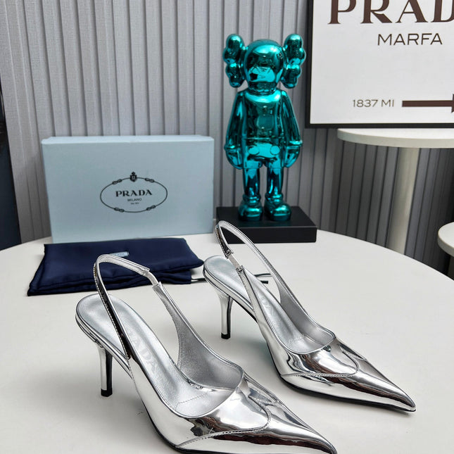 HIGH SLING BACK PUMPS IN SILVER GLOSSY CALFSKIN