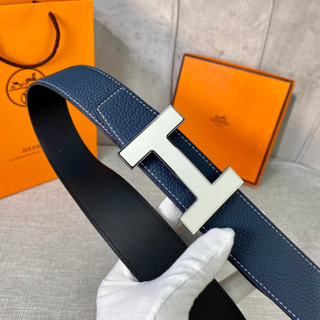 HM CONSTANCE BELT BUCKLE & REVERSIBLE NAVY BLUE LEATHER STRAP 38MM SILVER HARDWARE