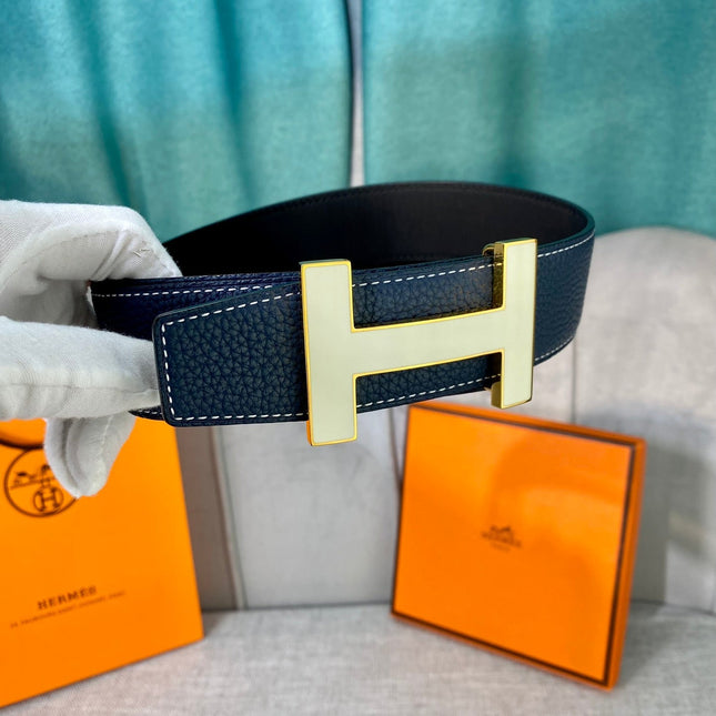HM CONSTANCE BELT BUCKLE & REVERSIBLE NAVY BLUE LEATHER STRAP 38MM GOLD HARDWARE