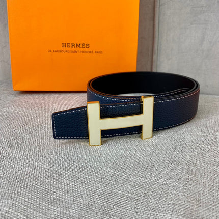HM CONSTANCE BELT BUCKLE & REVERSIBLE NAVY BLUE LEATHER STRAP 38MM GOLD HARDWARE