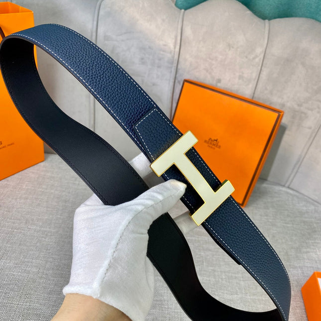 HM CONSTANCE BELT BUCKLE & REVERSIBLE NAVY BLUE LEATHER STRAP 38MM GOLD HARDWARE