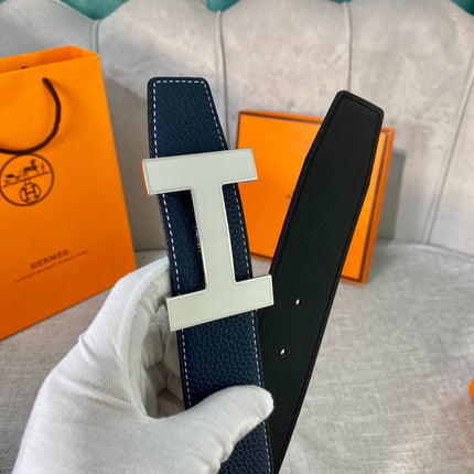 HM CONSTANCE BELT BUCKLE & REVERSIBLE NAVY BLUE LEATHER STRAP 38MM SILVER HARDWARE