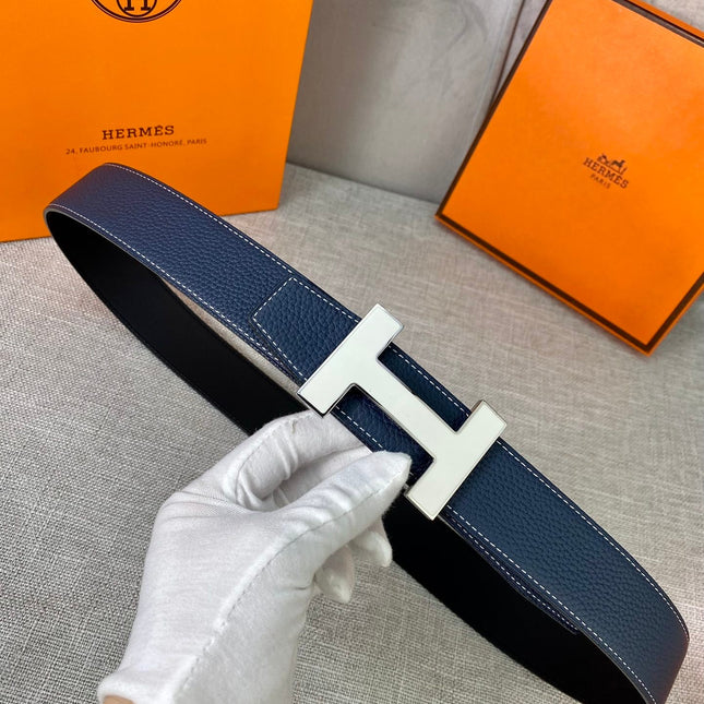 HM CONSTANCE BELT BUCKLE & REVERSIBLE NAVY BLUE LEATHER STRAP 38MM SILVER HARDWARE