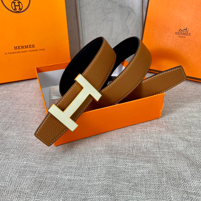 HM CONSTANCE BELT BUCKLE & REVERSIBLE TAWNY BROWN LEATHER STRAP 38MM GOLD HARDWARE