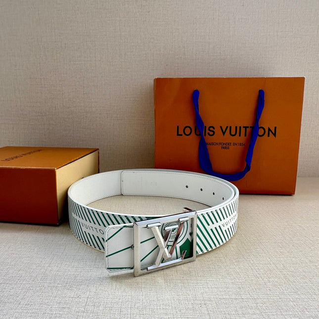 BELT IMPRINT 40MM REVERSIBLE IN WHITE AND GREEN CALFSKIN METAL RECTANGULAR BUCKLE