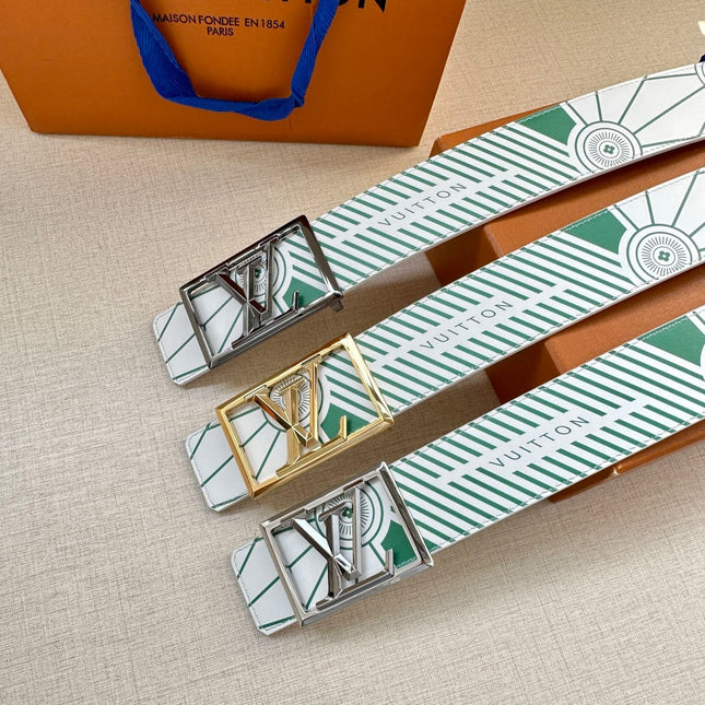 BELT IMPRINT 40MM REVERSIBLE IN WHITE AND GREEN CALFSKIN METAL RECTANGULAR BUCKLE