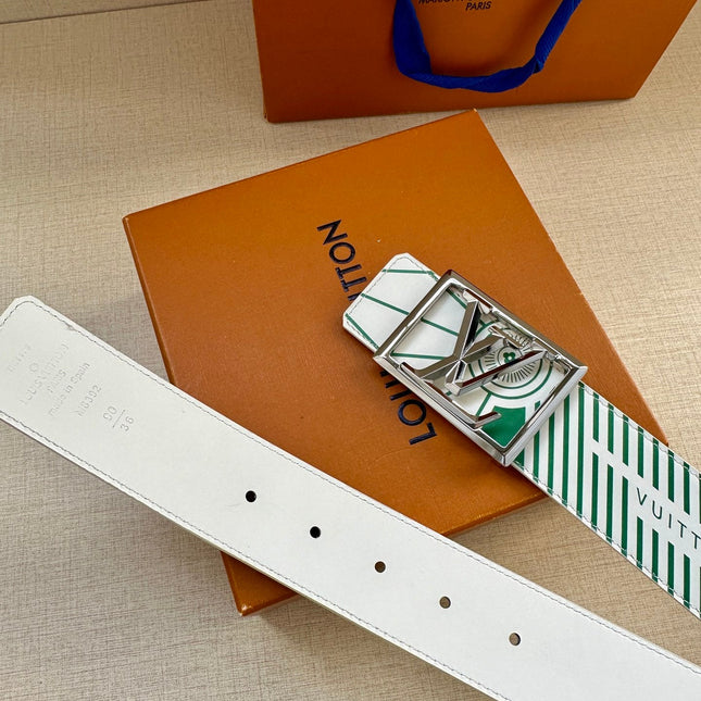 BELT IMPRINT 40MM REVERSIBLE IN WHITE AND GREEN CALFSKIN METAL RECTANGULAR BUCKLE