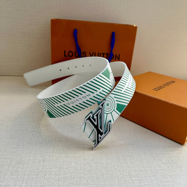 BELT IMPRINT 40MM REVERSIBLE IN WHITE AND GREEN DIAGONAL EMBOSSED CALFSKIN WITH SILVER AND BLACK BUCKLE