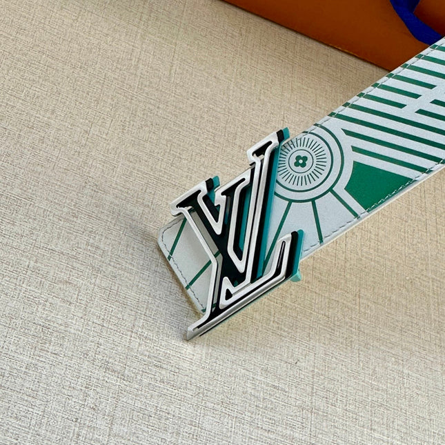 BELT IMPRINT 40MM REVERSIBLE IN WHITE AND GREEN DIAGONAL EMBOSSED CALFSKIN WITH SILVER AND BLACK BUCKLE