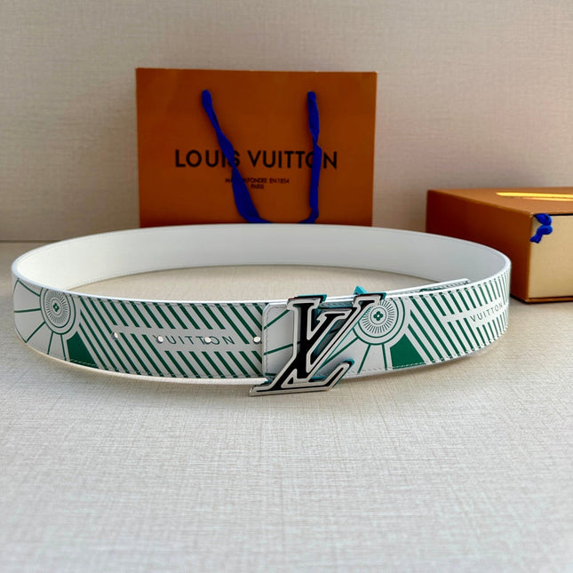 BELT IMPRINT 40MM REVERSIBLE IN WHITE AND GREEN DIAGONAL EMBOSSED CALFSKIN WITH SILVER AND BLACK BUCKLE