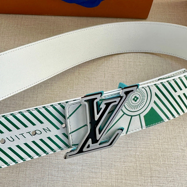 BELT IMPRINT 40MM REVERSIBLE IN WHITE AND GREEN DIAGONAL EMBOSSED CALFSKIN WITH SILVER AND BLACK BUCKLE