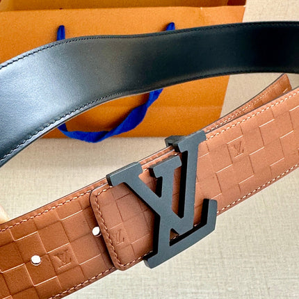 BELT PYRAMIDE GLITTER 34MM REVERSIBLE IN BROWN DAMIER BLACK LEATHER WITH BLACK BUCKLE