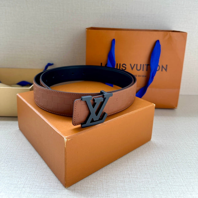 BELT PYRAMIDE GLITTER 34MM REVERSIBLE IN BROWN DAMIER BLACK LEATHER WITH BLACK BUCKLE