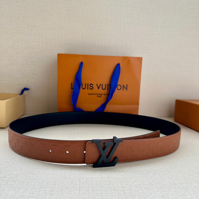BELT PYRAMIDE GLITTER 34MM REVERSIBLE IN BROWN DAMIER BLACK LEATHER WITH BLACK BUCKLE
