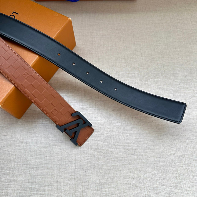 BELT PYRAMIDE GLITTER 34MM REVERSIBLE IN BROWN DAMIER BLACK LEATHER WITH BLACK BUCKLE