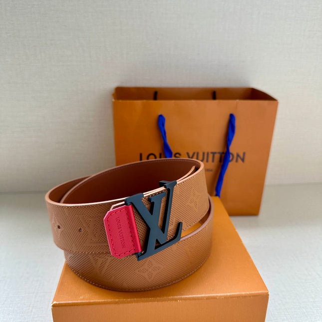 BELT 40MM REVERSIBLE IN BROWN RED MONOGRAM SHADOW CALFSKIN WITH BLACK BUCKLE