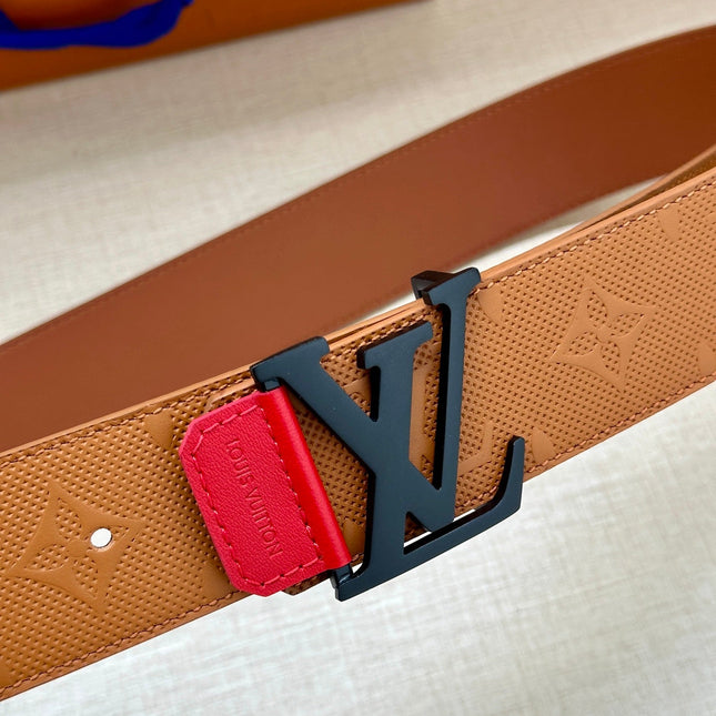 BELT 40MM REVERSIBLE IN BROWN RED MONOGRAM SHADOW CALFSKIN WITH BLACK BUCKLE