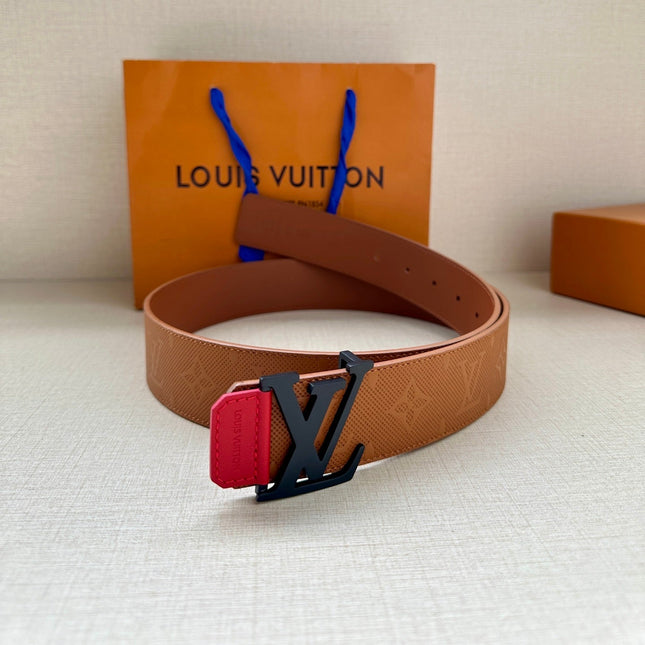 BELT 40MM REVERSIBLE IN BROWN RED MONOGRAM SHADOW CALFSKIN WITH BLACK BUCKLE