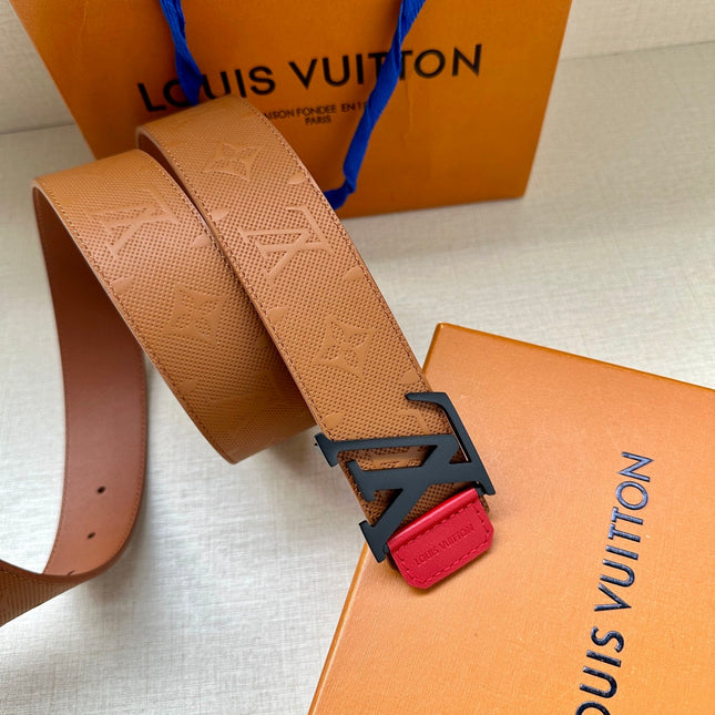 BELT 40MM REVERSIBLE IN BROWN RED MONOGRAM SHADOW CALFSKIN WITH BLACK BUCKLE