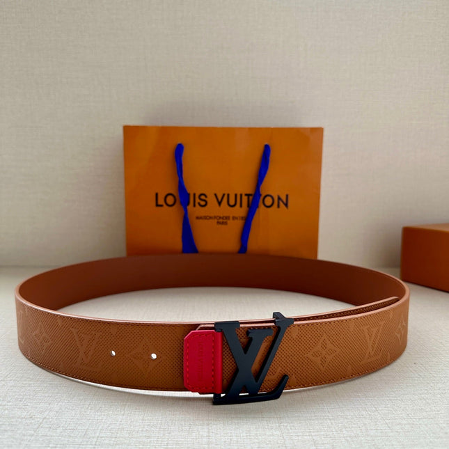 BELT 40MM REVERSIBLE IN BROWN RED MONOGRAM SHADOW CALFSKIN WITH BLACK BUCKLE