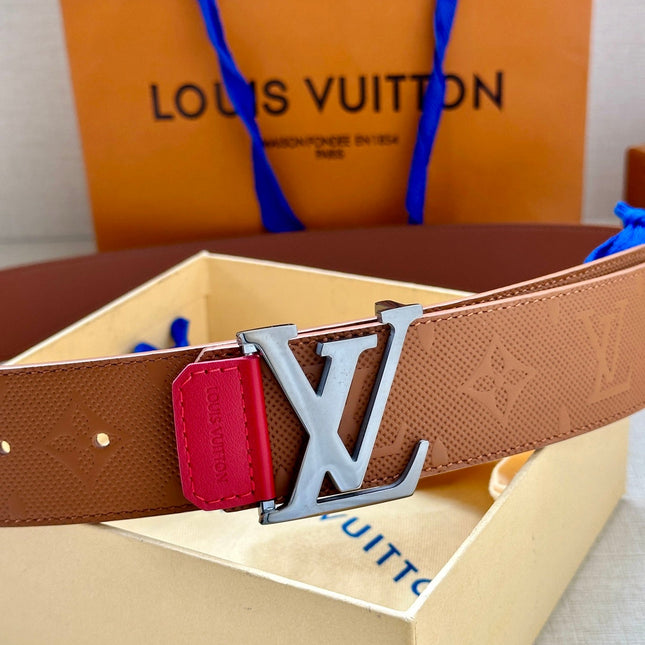 BELT 40MM REVERSIBLE IN BROWN RED MONOGRAM SHADOW CALFSKIN WITH SILVER LV BUCKLE