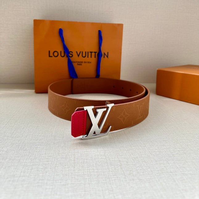 BELT 40MM REVERSIBLE IN BROWN RED MONOGRAM SHADOW CALFSKIN WITH SILVER LV BUCKLE