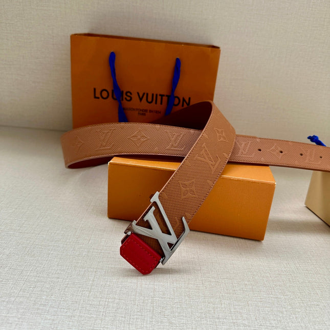BELT 40MM REVERSIBLE IN BROWN RED MONOGRAM SHADOW CALFSKIN WITH SILVER LV BUCKLE