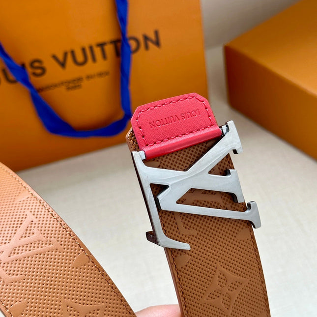 BELT 40MM REVERSIBLE IN BROWN RED MONOGRAM SHADOW CALFSKIN WITH SILVER LV BUCKLE