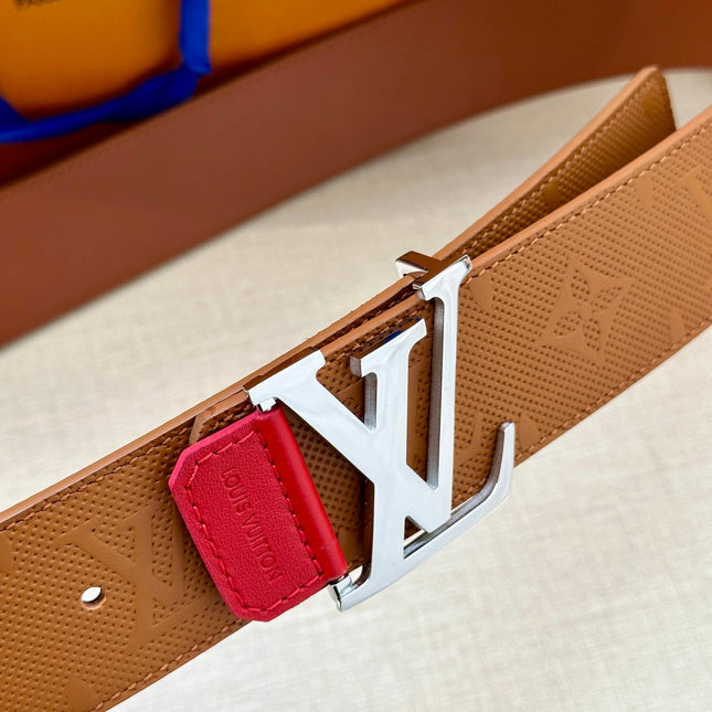 BELT 40MM REVERSIBLE IN BROWN RED MONOGRAM SHADOW CALFSKIN WITH SILVER LV BUCKLE