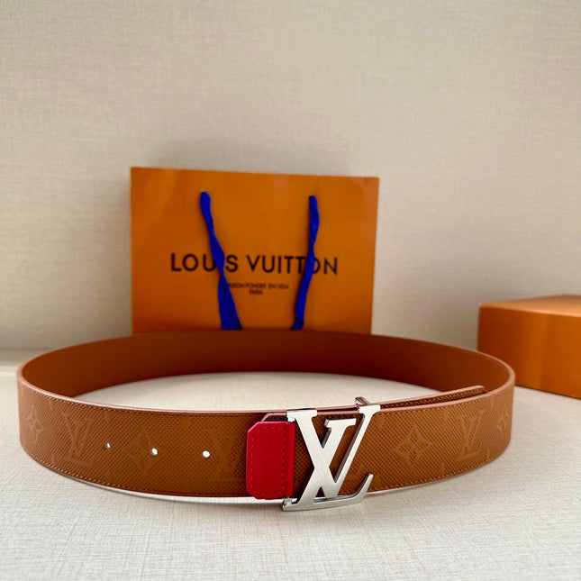 BELT 40MM REVERSIBLE IN BROWN RED MONOGRAM SHADOW CALFSKIN WITH SILVER LV BUCKLE