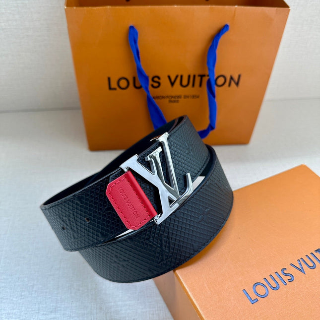 BELT 40MM REVERSIBLE IN BLACK RED MONOGRAM SHADOW CALFSKIN WITH SILVER LV BUCKLE