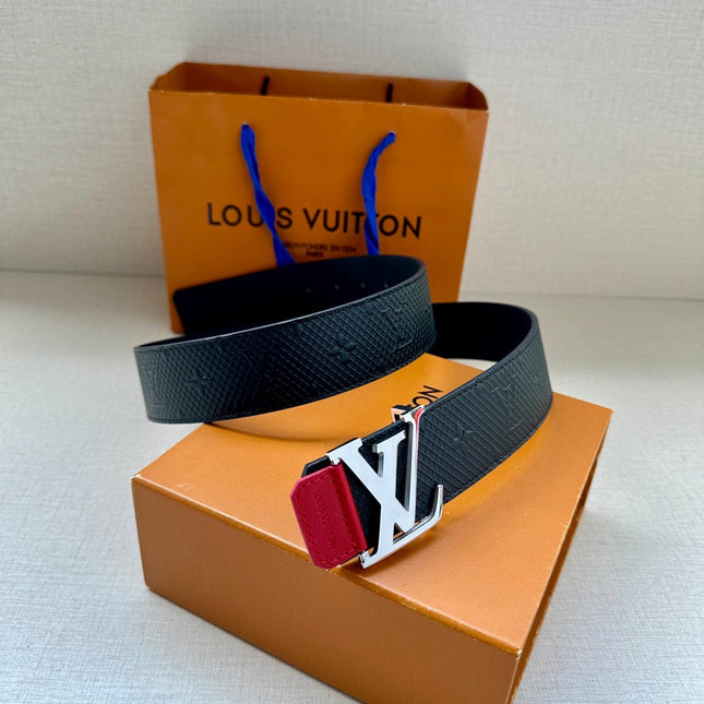 BELT 40MM REVERSIBLE IN BLACK RED MONOGRAM SHADOW CALFSKIN WITH SILVER LV BUCKLE