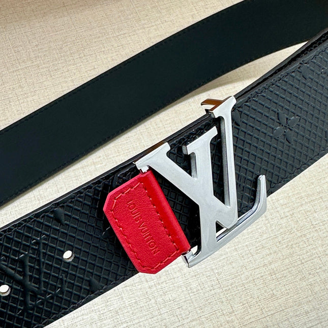 BELT 40MM REVERSIBLE IN BLACK RED MONOGRAM SHADOW CALFSKIN WITH SILVER LV BUCKLE