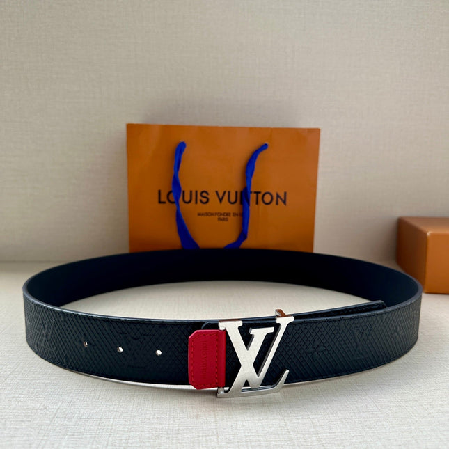 BELT 40MM REVERSIBLE IN BLACK RED MONOGRAM SHADOW CALFSKIN WITH SILVER LV BUCKLE