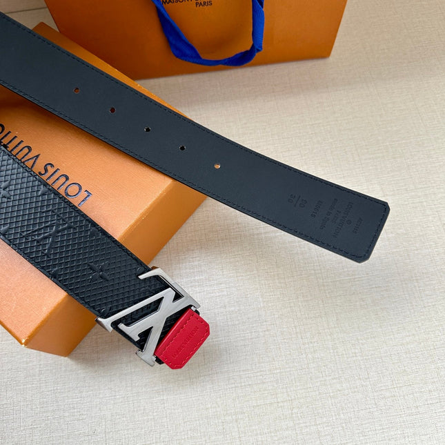 BELT 40MM REVERSIBLE IN BLACK RED MONOGRAM SHADOW CALFSKIN WITH SILVER LV BUCKLE