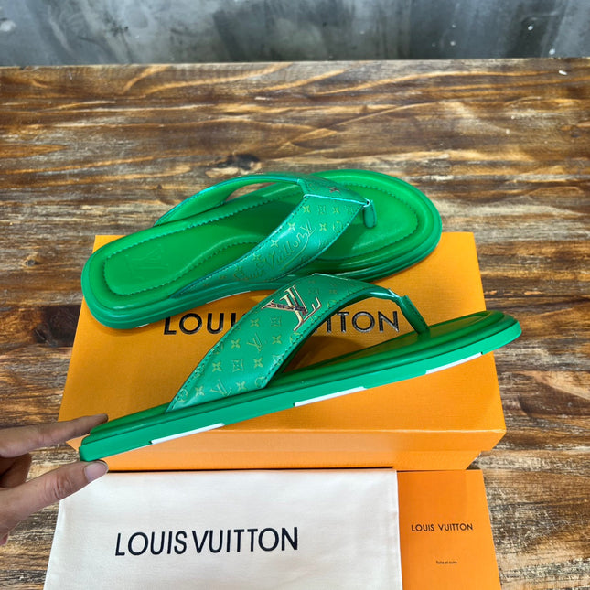 LV THONG SLIPPER IN SHAMROCK GREEN  MONOGRAM CALFSKIN