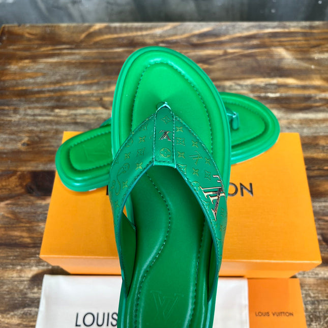 LV THONG SLIPPER IN SHAMROCK GREEN  MONOGRAM CALFSKIN